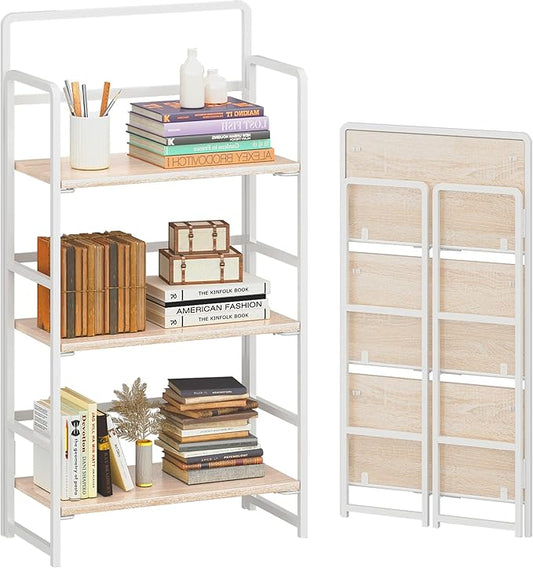 4NM No Assembly Foldable Bookshelf, 3-Shelf Collapsible Bookcase Storage for Small Spaces, 42.1" H, Natural White-CasaMuseHome