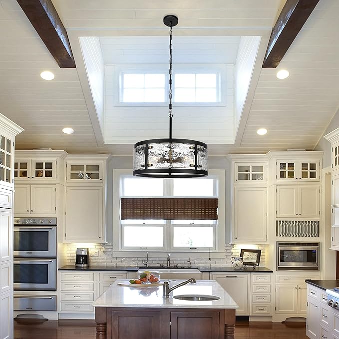 20" Farmhouse Round Black Chandelier, 5-Light Rustic Dining Room Light Fixtures Over Table, Industrial Glass Chandeliers for Dining Kitchen Living Room, Clear Waterglass Drum Shade-CasaMuseHome