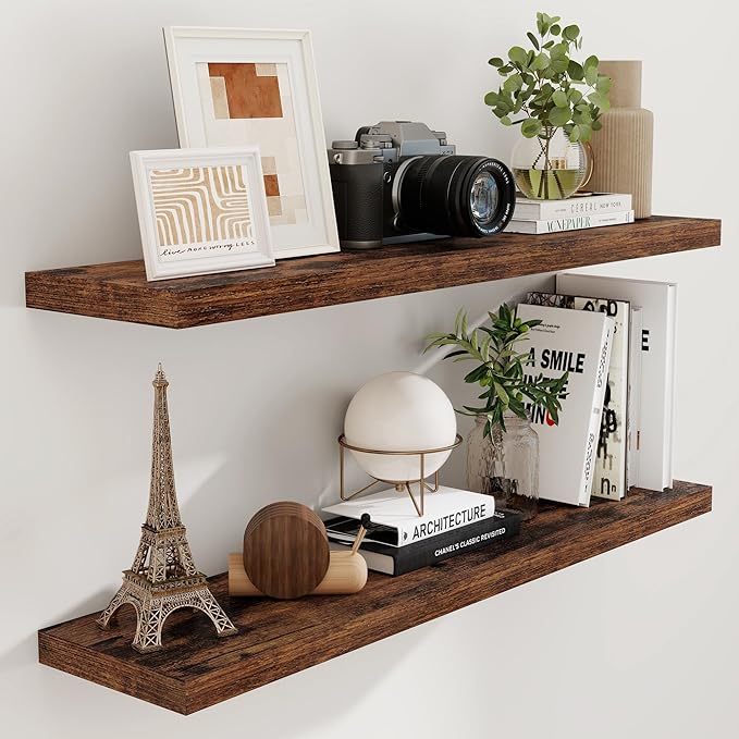 48 Inch Floating Shelves Set of 2, Rustic 48 x 9 Floating Shelf for Wall, 9 Inch Deep Bookshelf Invisible Bracket, Wall-Mounted Deep Shelving for Bedroom, Kicten, Living Room, Rustic Brown Color-CasaMuseHome