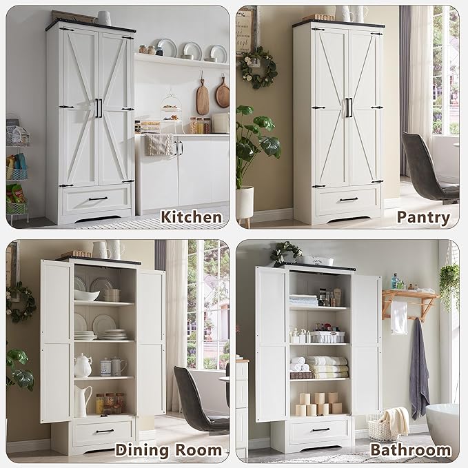 72" Tall Wood Storage Cabinet, Farmhouse Kitchen Pantry Cabinet with Adjustable Shelves & Drawer & Barn Doors, Versatile Storage for Kitchen, Dining Room, Bathroom, Antique White-CasaMuseHome