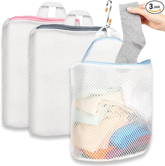 3Pcs Hanging Laundry Bags for Socks with S Hooks, 3 Color Mesh Laundry Bags for Washing Machine-CasaMuseHome