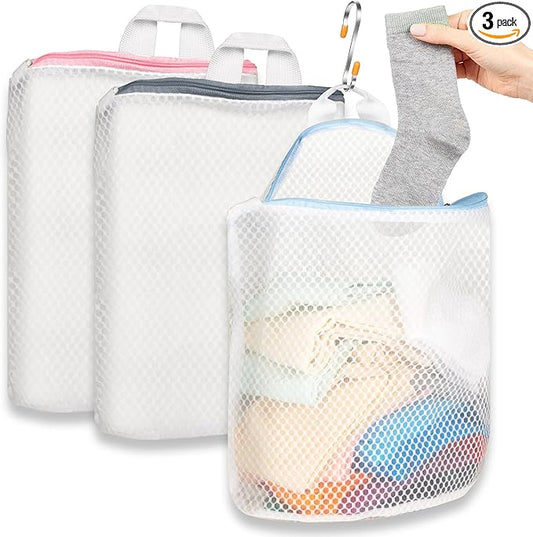 3Pcs Hanging Laundry Bags for Socks with S Hooks, 3 Color Mesh Laundry Bags for Washing Machine-CasaMuseHome