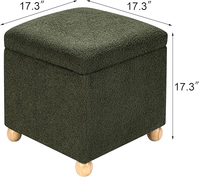 Adeco 17 Inch Soft Dark Green Cube Ottoman Storage, Teddy Velvet Chair Foot Stools, Upholstered Vanity Stool with Hinged Lid, Solid Round Wood Legs-CasaMuseHome