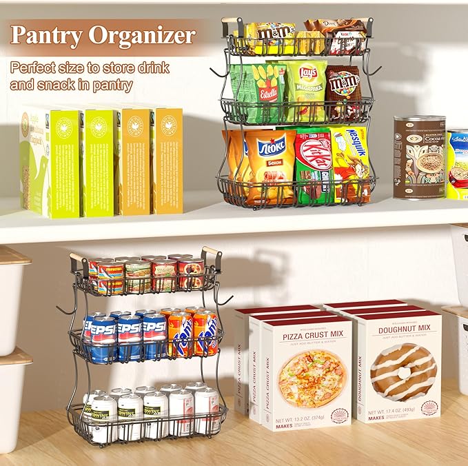 3 Tier Fruit Basket for Kitchen Counter, Fruit Bowl with 2 Banana Hooks Mesh Top, Multifunctional Detachable Sturdy Kitchen Storage Organizer for Vegetables Snacks Onion Potato, Black-CasaMuseHome