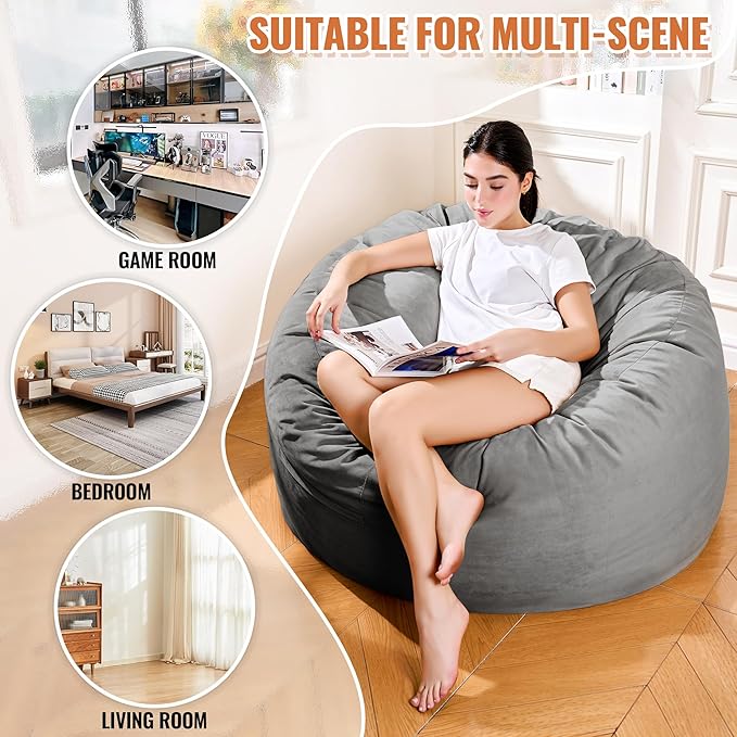 4FT Bean Bag Chair: Bean Bag with Velvet Cover, Fluffy and Comfy Bean Bag Chairs for Adults and Kids, Bean Bag Sofa Filled with High-Density Sponge for Gaming (Grey)-CasaMuseHome