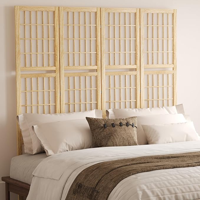 5.6FT Room Divider and Folding Portable Partition Screen, Chinese Japanese Shoji Style with Three Display Shelves for Room Separation - 4 Panel (Natural)-CasaMuseHome