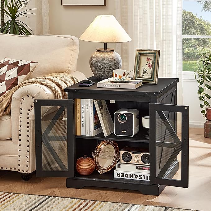 24" End Table Set of 2 with Charging Station, Farmhouse Night Stand with Glass Barn Door, Nightstands with Adjustable Storage Shelf, Large Wood Square Bed Side Table for Living Room,Bedroom-CasaMuseHome