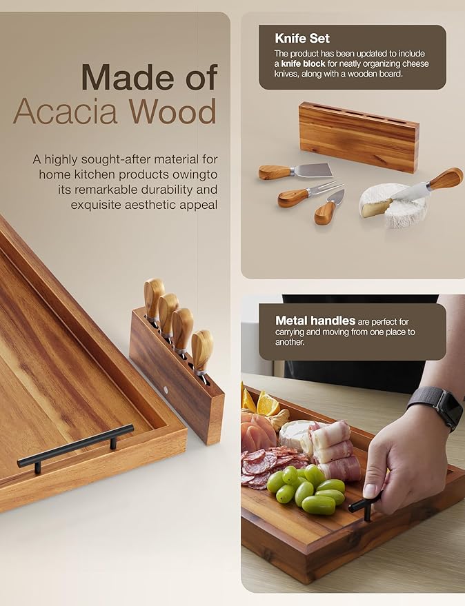 24" Large Charcuterie Tray with Handles, Extra Long Wooden Serving Cheese Boards - Serving Platter for Meat, Party Appetizers, Outdoor & Fruits Display (Acacia Wood)-CasaMuseHome