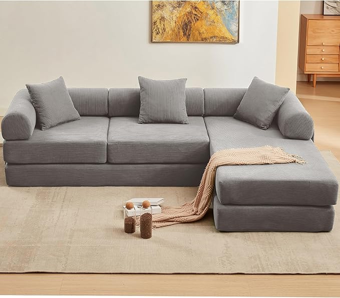 107" Oversized Convertible Sleeper Sofa Bed, Corduroy L Shape Sectional Couch, Folding Sofa Bed with Side Pocket, Modern Cloud Floor Mattress Couch, Modular Sofa for Living Room, Grey-CasaMuseHome