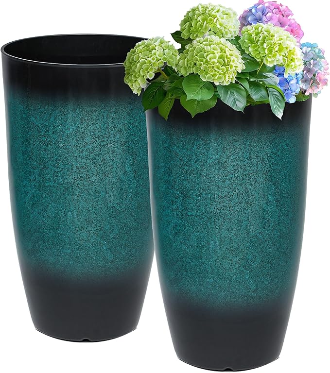 23.6" H Large Tall Outdoor Planters, Set of 2 Plastic Large Flower Pots for Outdoor Plants, with Gradient Turquoise Finish, Weather-Resistant for Porch, Garden, Patio or Indoor Use-CasaMuseHome
