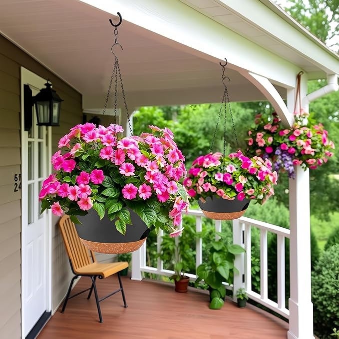 2 Pack 12 Inch Large Hanging Planters with Chains Self Watering Black Brown Plastic Hanging Pots for Indoor Outdoor Plants, Garden Porch Home Decor，Black Brown-CasaMuseHome