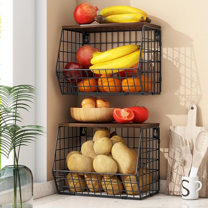 2pcs Fruit Basket Kitchen Storage Basket with Wood Lid, Stackable Wall Basket Fruit Basket for Kitchen, Countertop Organizer for Snack, Fruit and Veggie Storage, 11.8 x 7.9 x 8.5 Inch-CasaMuseHome