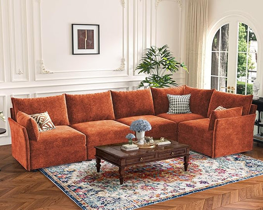 135.5" Oversized Modular Sectional Sofa, L Shaped Convertible Couch with Movable Ottoman, 5 Seat Corner Couches for Living Room Deep Seat Terracotta Orange Chenille-CasaMuseHome