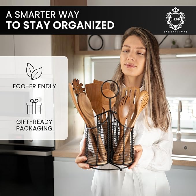 360° Rotating Kitchen Utensil Holder- 3 Compartment Organizer with Cork Bottoms | Includes Premium 9-Piece Acacia Wood Utensil Set | Professional & Home Luxury Design | Metal Utensil Crock (Black)-CasaMuseHome