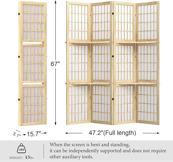 5.6FT Room Divider and Folding Portable Partition Screen, Chinese Japanese Shoji Style with Three Display Shelves for Room Separation - 4 Panel (Natural)-CasaMuseHome