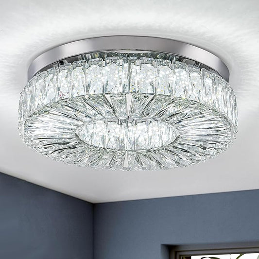 16.5" Crystal Chandelier LED Modern Flush Mount Ceiling Light Fixtures Round Ring Luxury Large Chandelier for Living Room Bedroom Dining Room Entrance (Cool white-16.5")-CasaMuseHome
