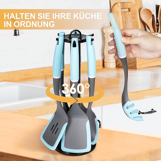 6-Piece Silicone Kitchen Utensil Set with Rotating Stand, Non-Stick, Heat-Resistant (400°F), Nylon Handle, Cooking Spatula Set for Baking & Cooking, Light Blue-CasaMuseHome