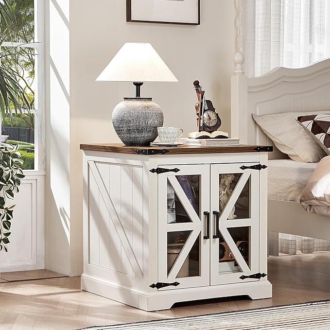 24" End Table Set of 2 with Charging Station, Farmhouse Night Stand with Glass Barn Door, Nightstands with Adjustable Storage Shelf, Large Wood Square Bed Side Table for Living Room,Bedroom-CasaMuseHome