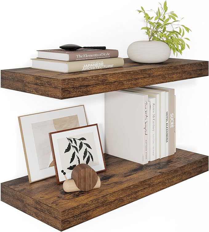 12" Deep Floating Shelves for Wall 24 Inches Long, Heavy Duty Wall Shelves for Bedroom Bathroom Kitchen Laundry Room, Farmhouse Rustic Shelves for Home Decor, 24" X 12" X 2" Set Of 2, Rustic Brown-CasaMuseHome