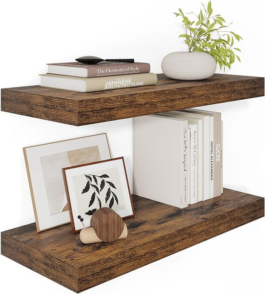 12" Deep Floating Shelves for Wall 24 Inches Long, Heavy Duty Wall Shelves for Bedroom Bathroom Kitchen Laundry Room, Farmhouse Rustic Shelves for Home Decor, 24" X 12" X 2" Set Of 2, Rustic Brown-CasaMuseHome