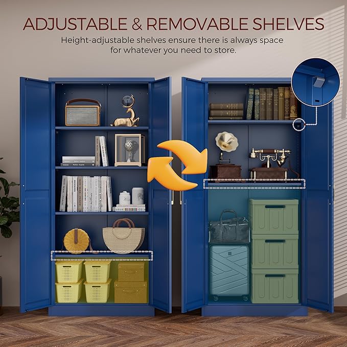 71" Metal Pantry Cabinet, Tall Kitchen Pantry Storage Cabinet with 4 Adjustable Shelves and Gold Handles, Blue Cupboard for Kitchen, Dining Room, Living Room-CasaMuseHome