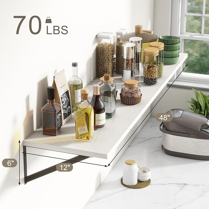 12 Inch Deep Floating Shelves, White Floating Shelves 48W x 12D, Deep Wall Shelves Bracket Set of 2, Large Display Hanging Floating Shelf for Bathroom, Living Room, Wide Storage Wooden Wall Shelf-CasaMuseHome