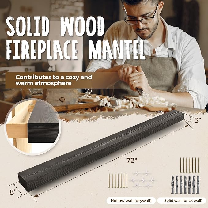 72x8x3 Fireplace Mantel - Handcrafted Hollow Rustic Solid Wood Wall Mounted Floating Shelf with Invisible Heavy Duty Wood Bracket (Weathered Black)-CasaMuseHome