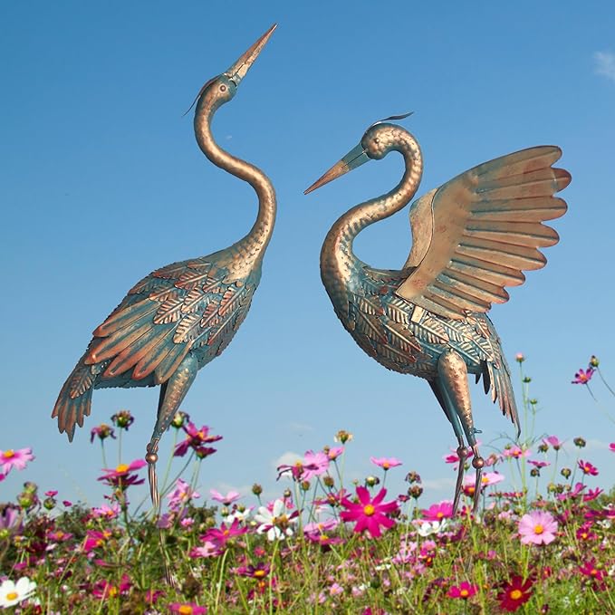 33-37 Inch Metal Crane Garden Statue Décor, Bird Heron Garden Sculpture & Statues, Outdoor Decoration for Yard Pond Lawn Backyard Pool, Vintage Spread Wings Crane, Set of 2 Copper…-CasaMuseHome