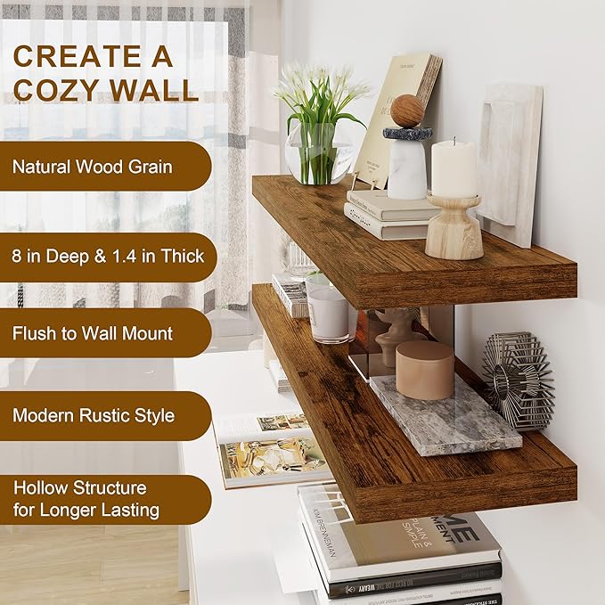 30 Inch Floating Shelves, Rustic Floating Wall Shelves 8 Inch Deep, 30 x 8 Floating Shelves for Home Decor, Deep Storage Shelves for Kitchen, Bathroom, Living Room, Rustic Brown Color, Set of 2-CasaMuseHome