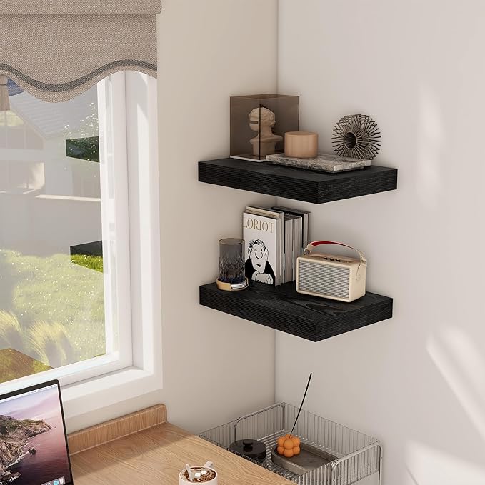 12 Inch Deep Black Floating Shelves, 16 x 12 Floating Shelf for Books, Rustic Wood Deep Wall Shelves for Home Storage & Display, 2" Thicked Shelves for Kitchen, Living Room, Bedroom, 2 Pack-CasaMuseHome