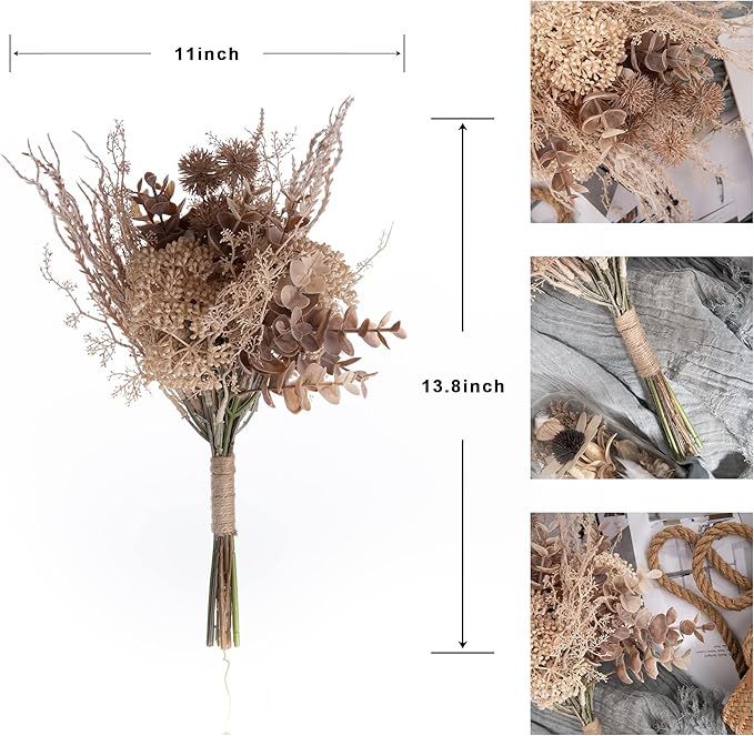 2 Pack Boho Artificial Flowers Plants Bouquet Decoration 13.8inch, Fake Plastic Brown Eucalyptus and Beige Grasses, Faux Floral Arrangement for Wedding Centerpieces Party Home Fall Decor-CasaMuseHome