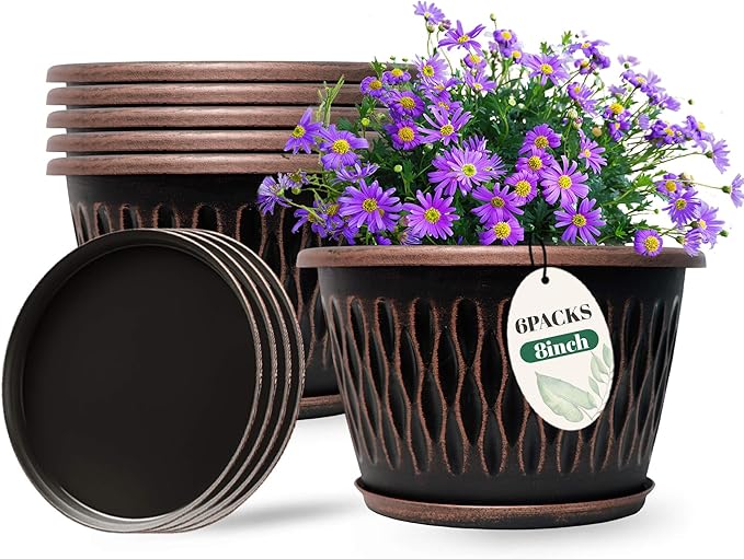 6 Pack 8 Inch Retro Plant Pots, Vintage Striped Flower Pots with Drainage Hole & Saucer, Large Plastic Planters for Indoor and Outdoor Plants, Decorative Garden Pots(Copper)-CasaMuseHome