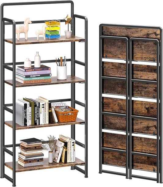 4NM No Assembly Foldable Bookshelf, 4-Shelf Collapsible Bookcase Storage for Small Spaces, 54" H, Rustic Brown and Black-CasaMuseHome