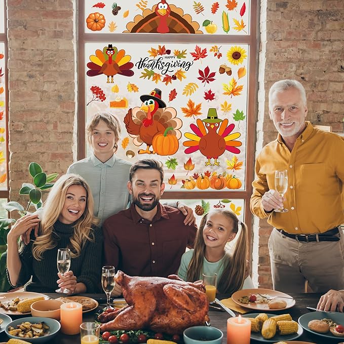 9 Sheets Thanksgiving Window Clings, 115PCS Thanksgiving Decorations Window Stickers, Turkey Decal Stickers with Cute Cones Nuts Maple Leaves Patterns for Fall Harvest Decorations Decor Accessories-CasaMuseHome