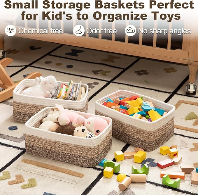 3 Pack Small Storage Baskets for Organizing, Cute Woven Decorative Gift Baskets for Shelves, Mini Closet Organizer Bins with Handles-13''Lx8.66''Wx5.11''H-Brown White-CasaMuseHome