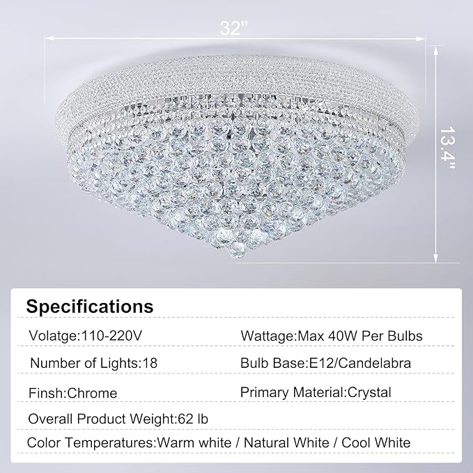 18-Light 32 inch Large Crystal Chandelier Flush Mount Ceiling Light Fixture for Living Room Dining Room Bedroom Foyer Entryway Chrome Finish-CasaMuseHome