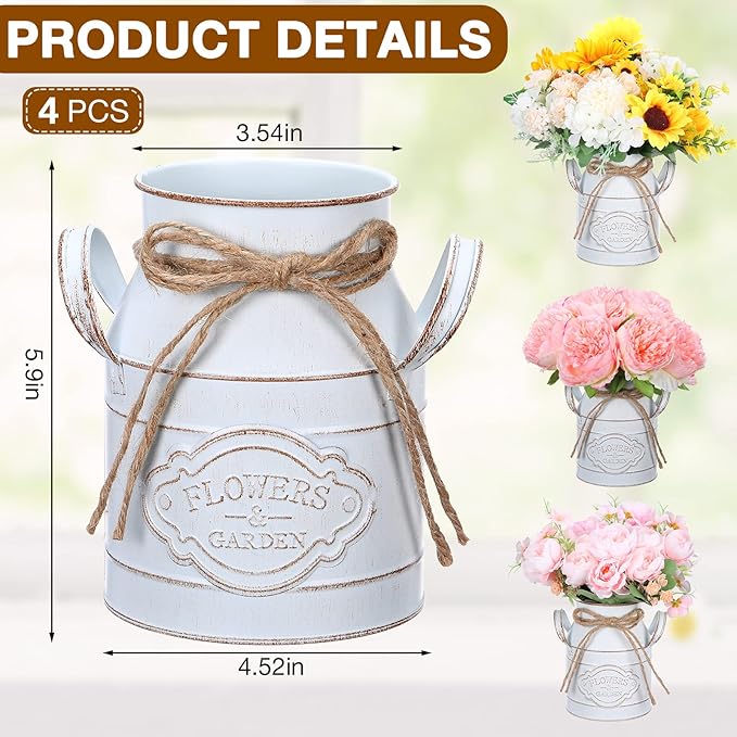6 Inch Farmhouse Vase Decor Milk Can Vintage Flower Jug Galvanized Metal Vase with Handle Rustic Flower Buckets for Thanksgiving Christmas Table Centerpiece Weddings Gifts(Retro White,4 Pcs)-CasaMuseHome