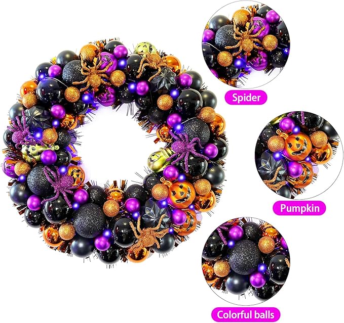 17 Inch Halloween Ball Wreath for Front Door with Lights, Lighted Cute Treat-or-Trick Door Wreath Ball Ornament for Halloween Indoor Decorations Centerpiece Party Holiday Wall Home Decor-CasaMuseHome