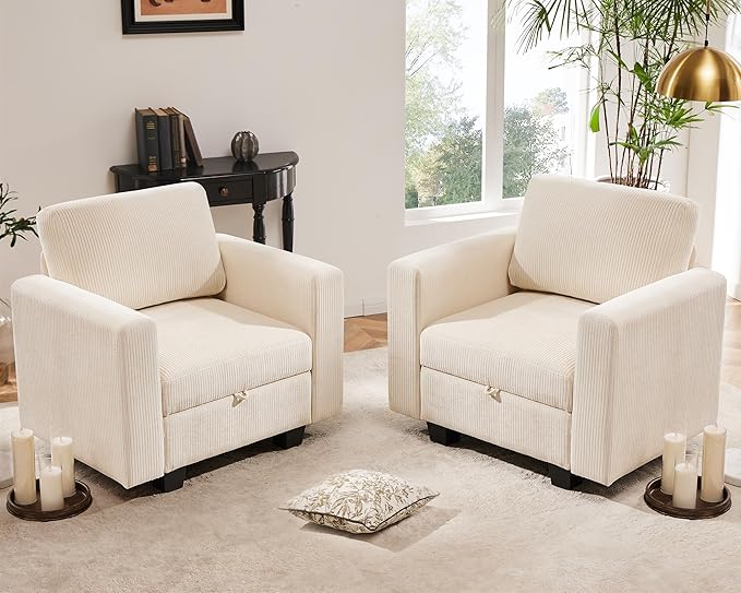 38.5 Oversized Accent Chair with Storage Ivory Corduroy, Single Modern Accent Sofa Chair with Arms for Apartment Living Room (21" Deep Seat)-CasaMuseHome