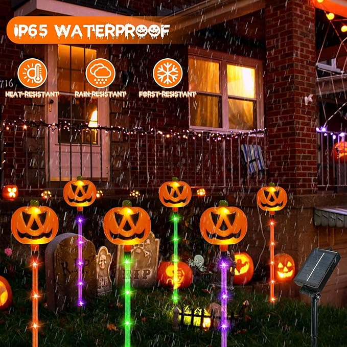 12 Pack Solar Pumpkin Lights for Halloween Decorations Outdoor, Waterproof Halloween Pathway Lights with 8 Modes, Orange Purple and Green Halloween Walkway Stake Lights for Yard Garden Party Decor-CasaMuseHome