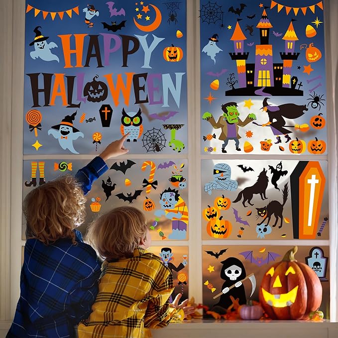 115PCS Halloween Window Clings, 9 Sheets Halloween Decorations, Cute Witch Tree Zombie Ghost Patterns PVC Window Stickers for Treat or Trick Party Favors Decal Supplies Decor Accessories-CasaMuseHome
