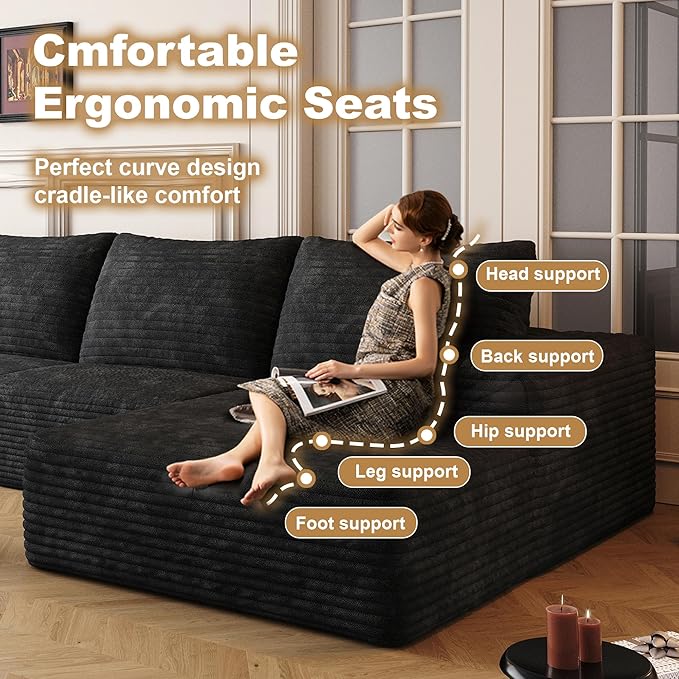 136" Sectional Couches for Living Room Modern Modular Sofa with L-Shape Couchs Upholstered Boneless Couch Deep Seat Sectional Couch with Chaise (Black, Right Facing Chaise+3Seaters+Ottoman)-CasaMuseHome