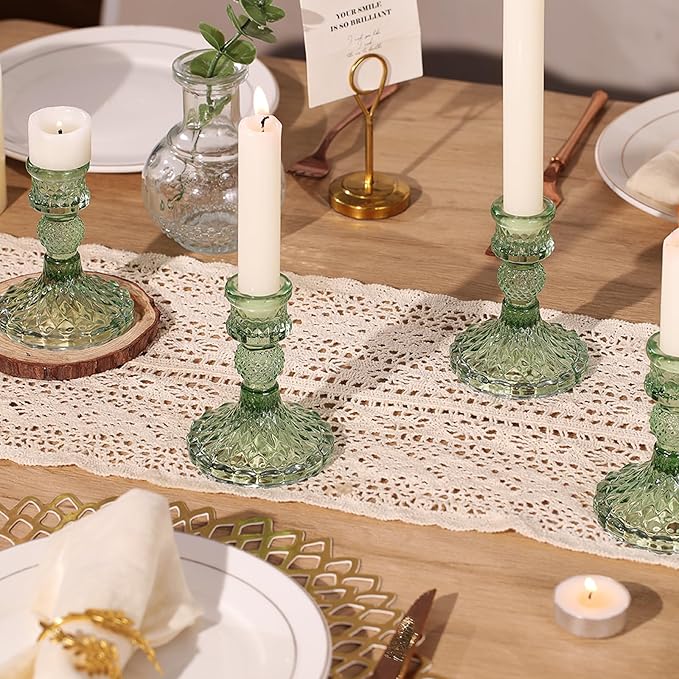 12Pcs Green Candlestick Holders Set- 4" H Taper Candle Holders Bulk, Glass Candle Holders for Wedding, Party, Romantic Dinner Table Centerpieces, Festival Gifts & Windowsill Decor-CasaMuseHome