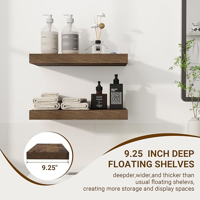 16 Inch Floating Shelves, 16"x9.25"x1.5" Inch Deep Floating Shelves for Wall, Wooden Shelves for Bathroom, Bedroom, Living Room, Brown-CasaMuseHome