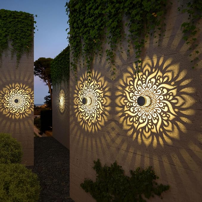 4 Pack Solar Fence Lights Metal Solar Powered Outdoor Wall Deck Step Lights Mandala Theme Waterproof Fence Light for Garden Post Patio Backyard Decor (4 Pack)-CasaMuseHome