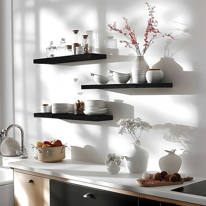 24 Inch Floating Shelves for Wall Rustic Black Wood Wall Shelves for Bedroom Set of 4-CasaMuseHome