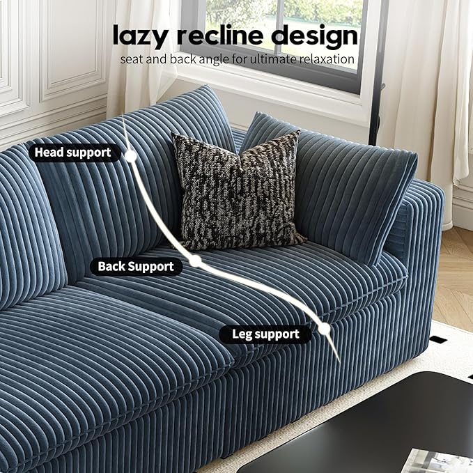 157.5" Cloud Couch Modular Sectional Sofa for Living Room,Modern Sofa with Deep Seat，4 Seater Boneless Couch,Comfy Upholstered Corduroy Couches for Apartment, Studio, Office,Bedroom，Blue-CasaMuseHome