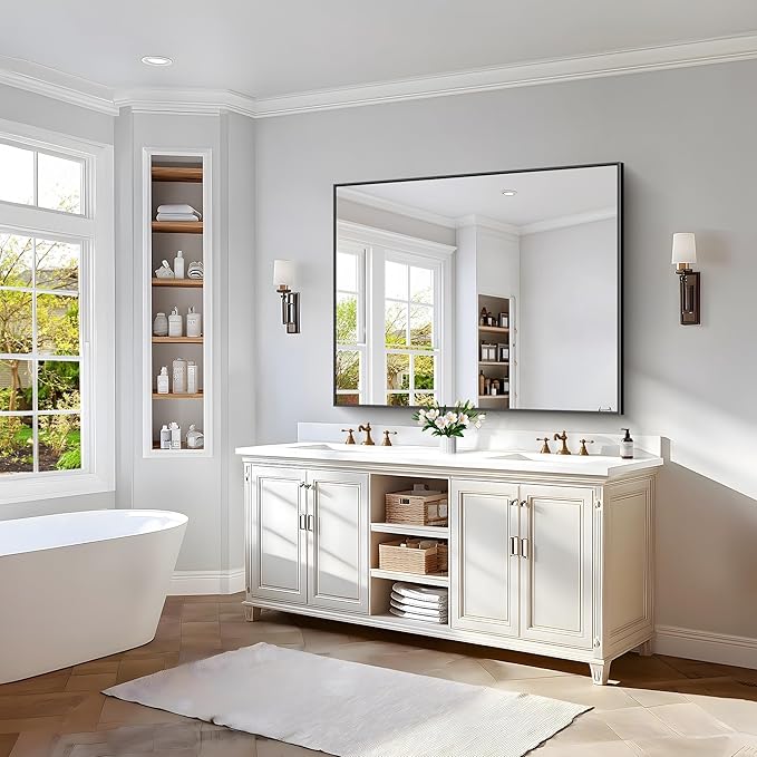 40x48inch Black Bathroom Mirror, Black Rectangle Mirror with Frame, Large Rectangular Wall Mirrors for Bathroom, Living Room, Hair Salon, Big Farmhouse Mirror Hang Horizontal/Vertical-CasaMuseHome