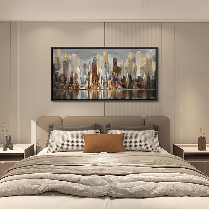 Abstract Brown New York City canvas Wall Art Framed Large Wall Art for Living Room Modern Paintings for Bedroom Cityscape New York Wall Decor Artwork Wall Pictures for Office and Bedroom 24×48in-CasaMuseHome
