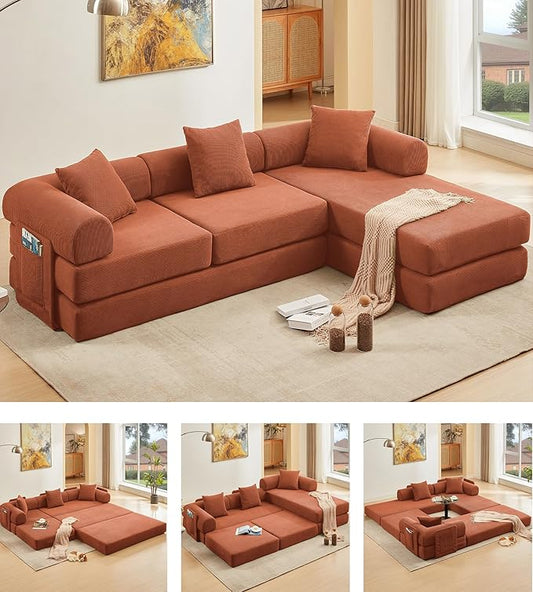 107" Oversized Convertible Sleeper Sofa Bed, Corduroy L Shape Sectional Couch, Folding Sofa Bed with Side Pocket, Modern Cloud Floor Mattress Couch, Modular Sofa for Living Room, Orange-CasaMuseHome